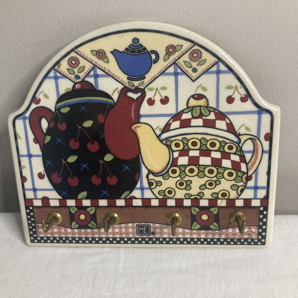 Vintage 1994 Mary Engelbreit Ceramic Wall Key Holder/Hooks Teapots Cottagecore